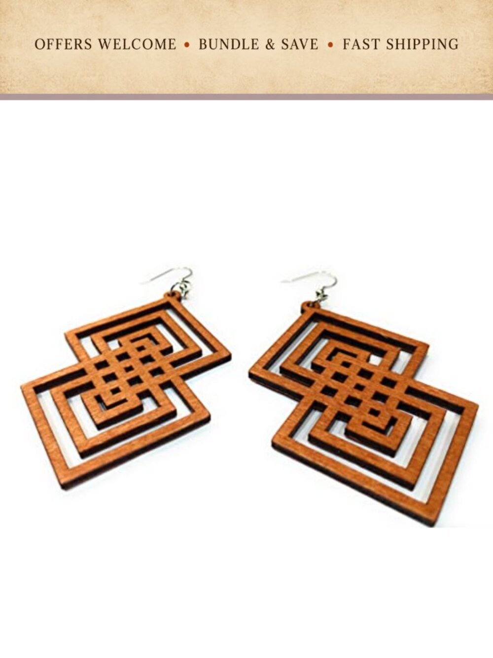 Wooden Geometric Square Drop Dangle Earrings Stainless Steel Hooks Large